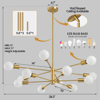 Mid-Century Sputnik 12-Light Chandelier dimensions with adjustable downrod and sloped ceiling compatibility